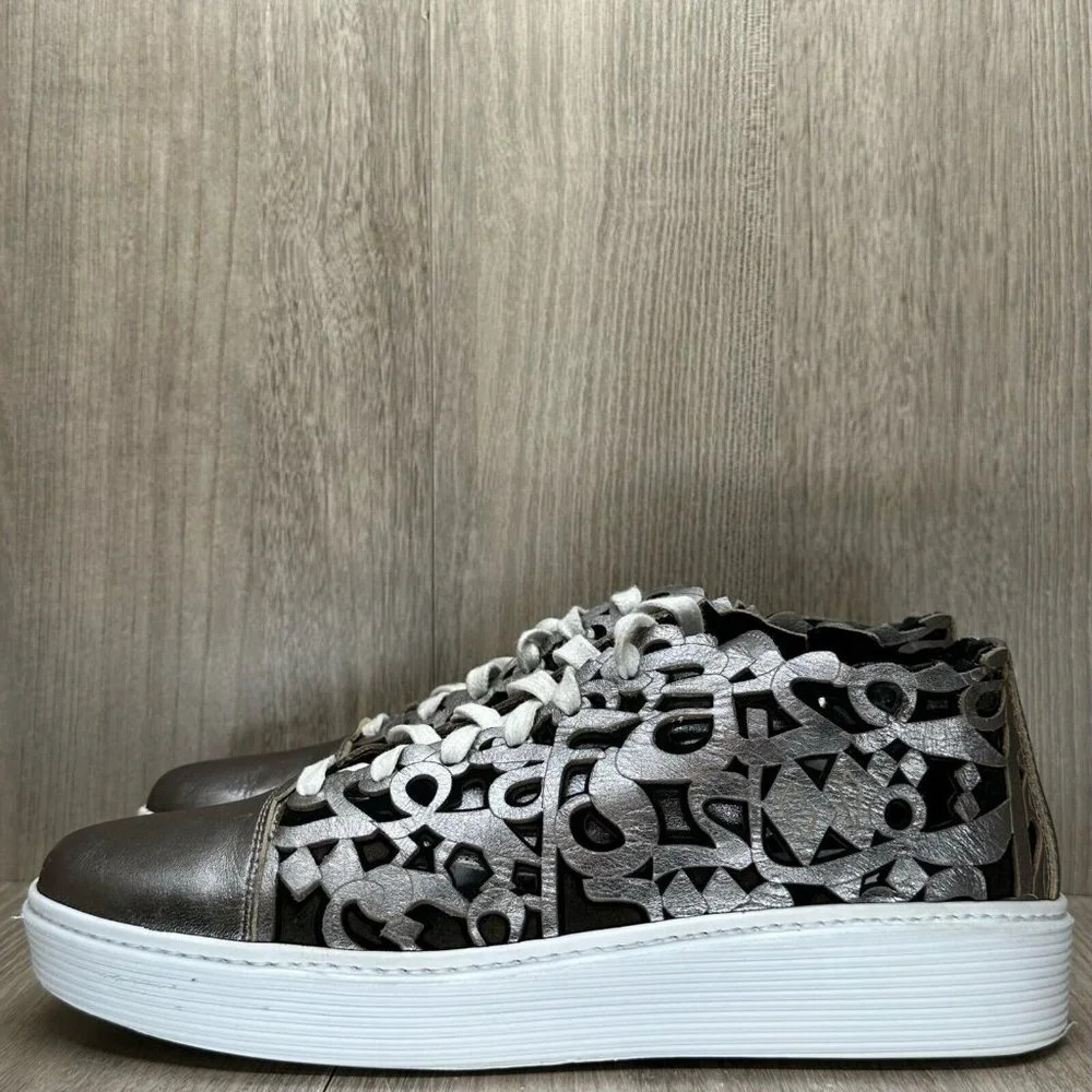 AREA FORTE Shoes Women Sz 39 US 9 Laser-Cut Sneakers Leather Pewter Silver Italy - Picture 5 of 13